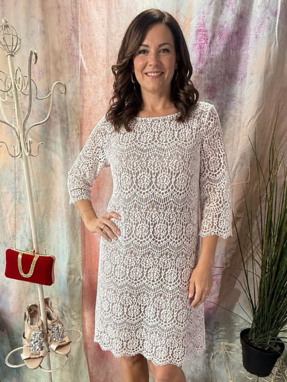 📌Jessica Howard  Beautiful Lace Knee Length 3/4 Sleeve Shift Dress w Blink